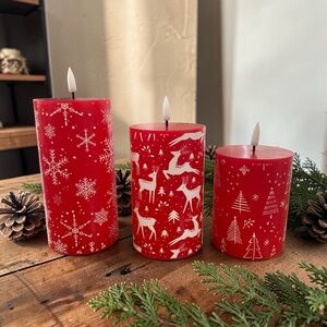 Red Holiday Pillar Candle Set - Festive Snowflake & Deer Print